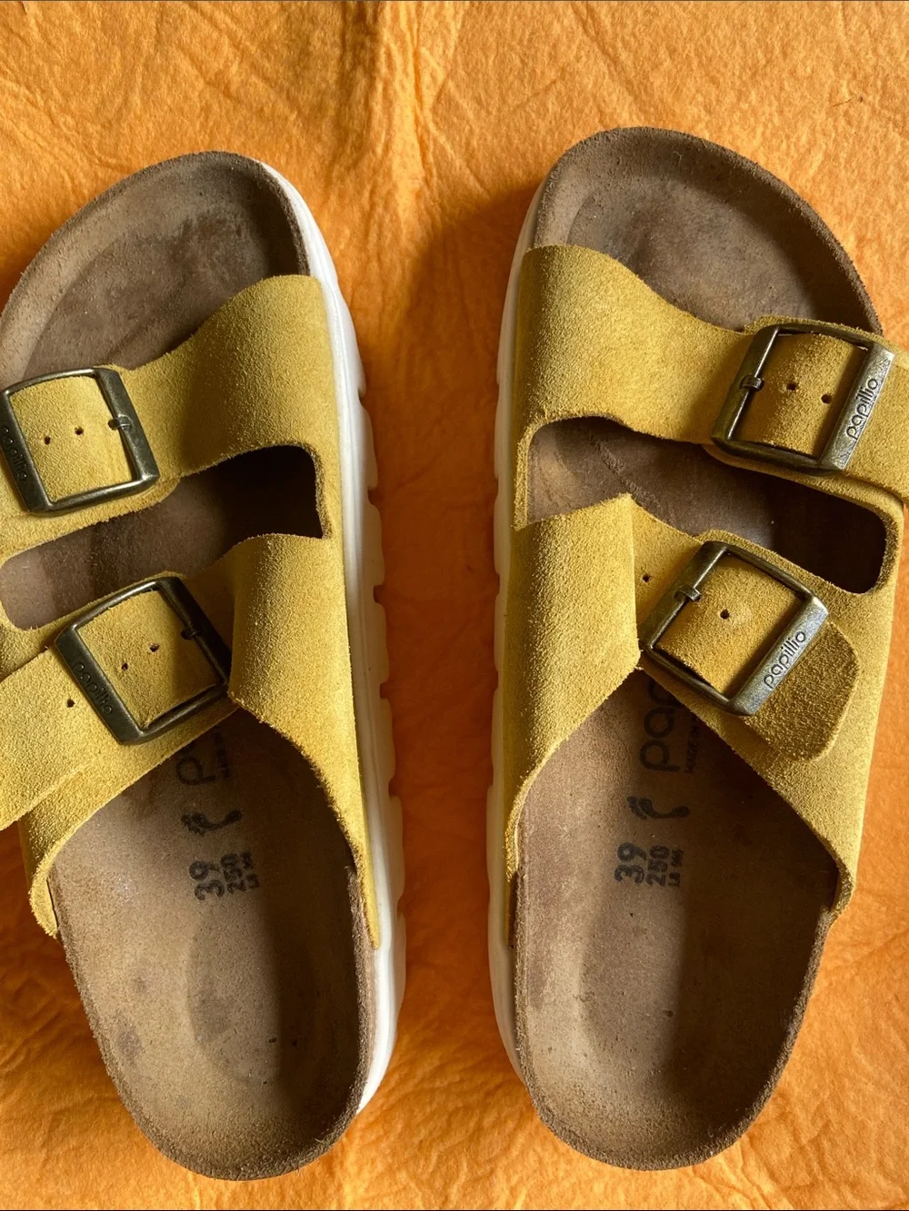 Papillio Yellow Suede Double-Buckle Slide Sandals